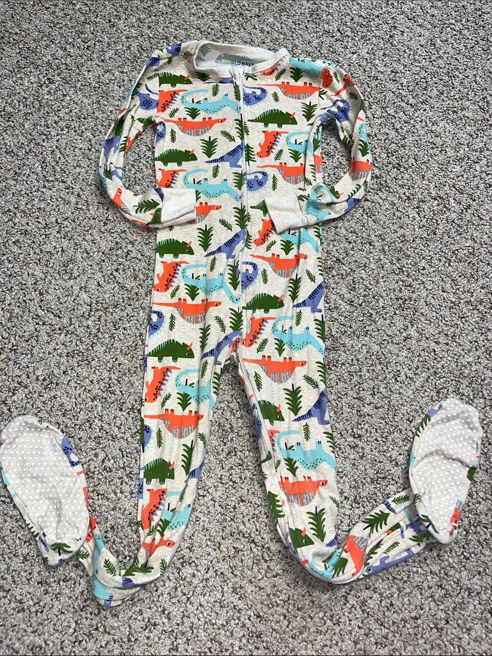 🍀6/$20 Old Navy Cream Footie One-Piece with Orange, Green, Blue Dino Print